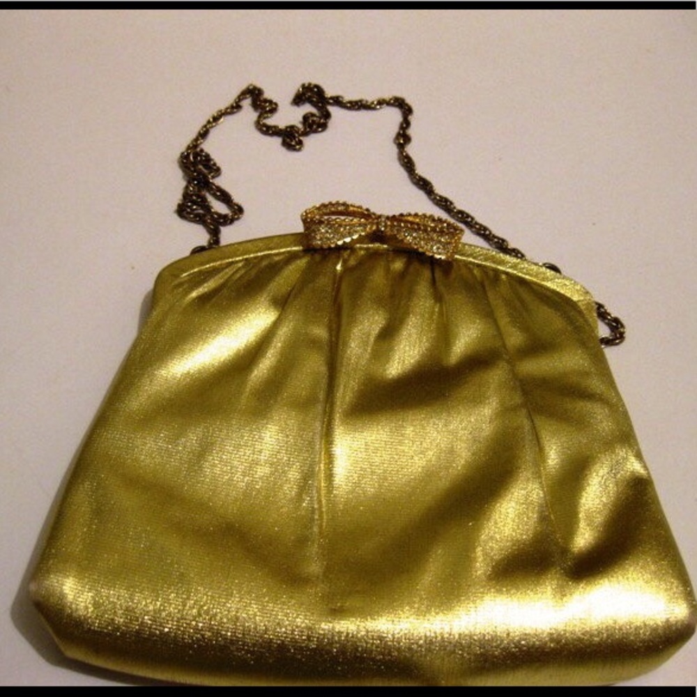 Gold Lame Shoulder Disco Purse, Rhinestone Clasp